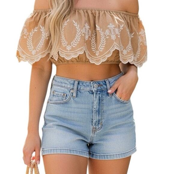 Sim & Sam Embroidered Eyelet Off Shoulder Crop Top Tan Boho Festival M NWOT - Picture 2 of 6